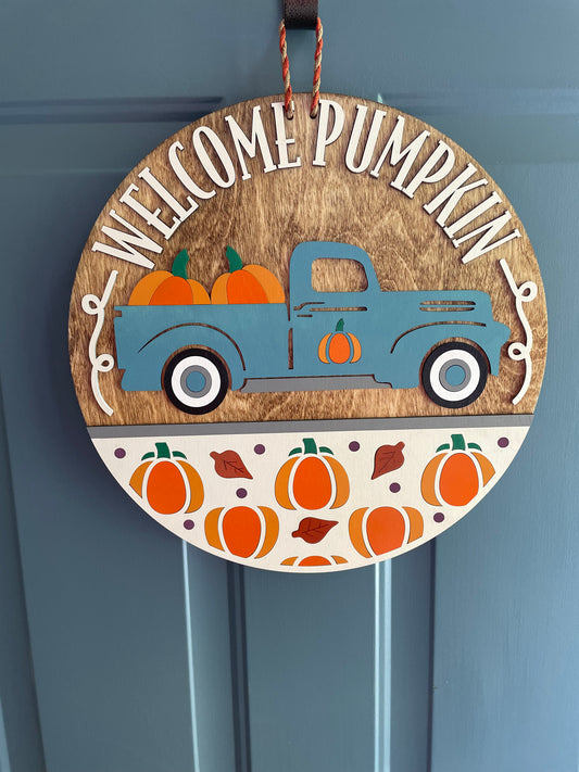 Welcome Pumpkin Vintage Truck Fall Door Hanger