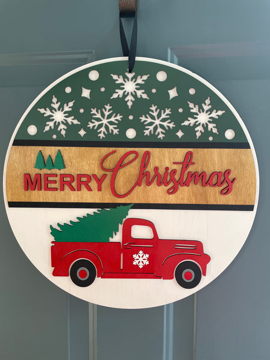 Merry Christmas Red Truck Doorhanger